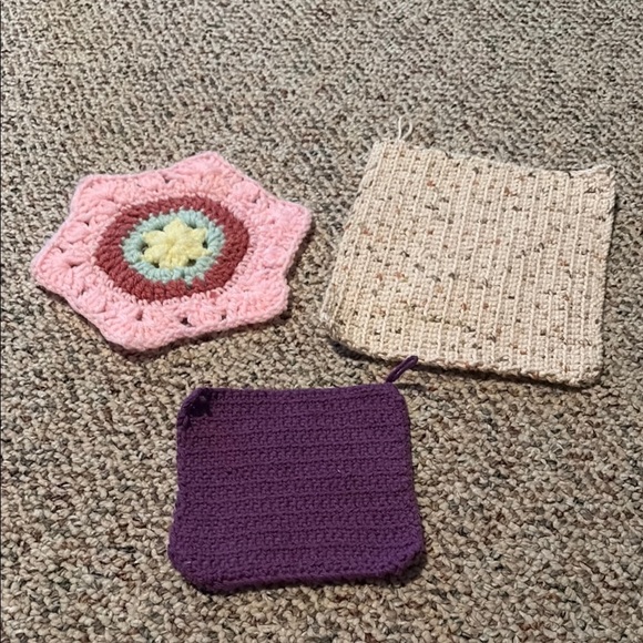 Crochet & Knitted Pot Holders Set in Pink, Purple, and Cream - Picture 1 of 4